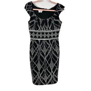 London Times Dress 8 Black White Geometric Dot Mod Career Sheath Dark Academia